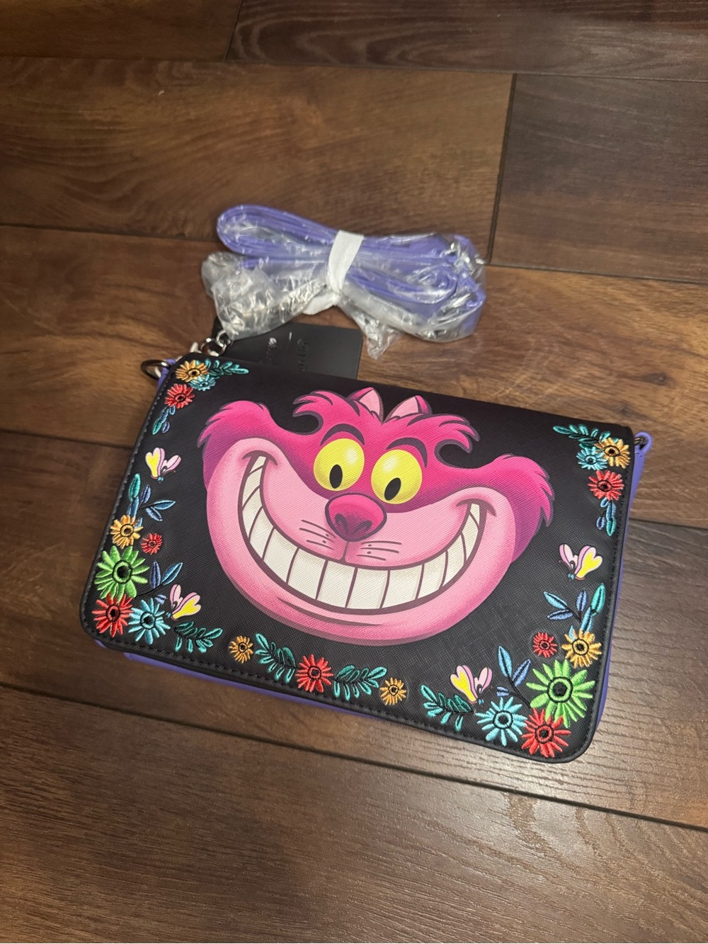 Loungefly Purple Cheshire Cat Floral Crossbody Bag